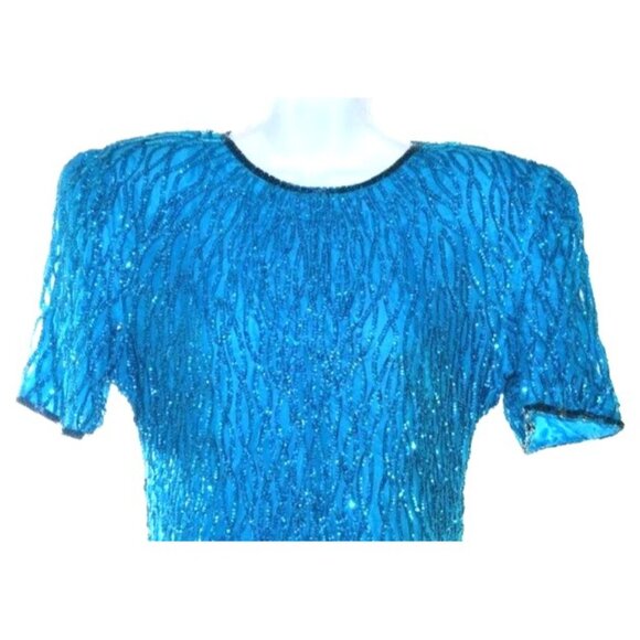 Vintage 80s Laurence Kazar Teal Beaded Sequin Silk Mini Cocktail Dress M - Picture 7 of 10